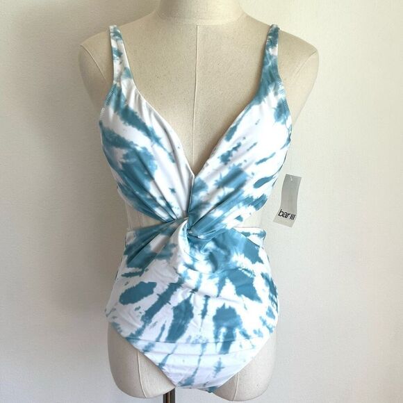 Bar III Spiraling Twist-Front Monokini One-Piece Swimsuit Aqua Blue White Size M - Picture 2 of 14